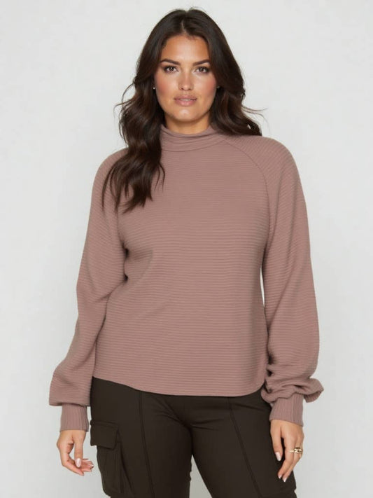 PLUS Mock Neck Textured Knit Top: MOCHA