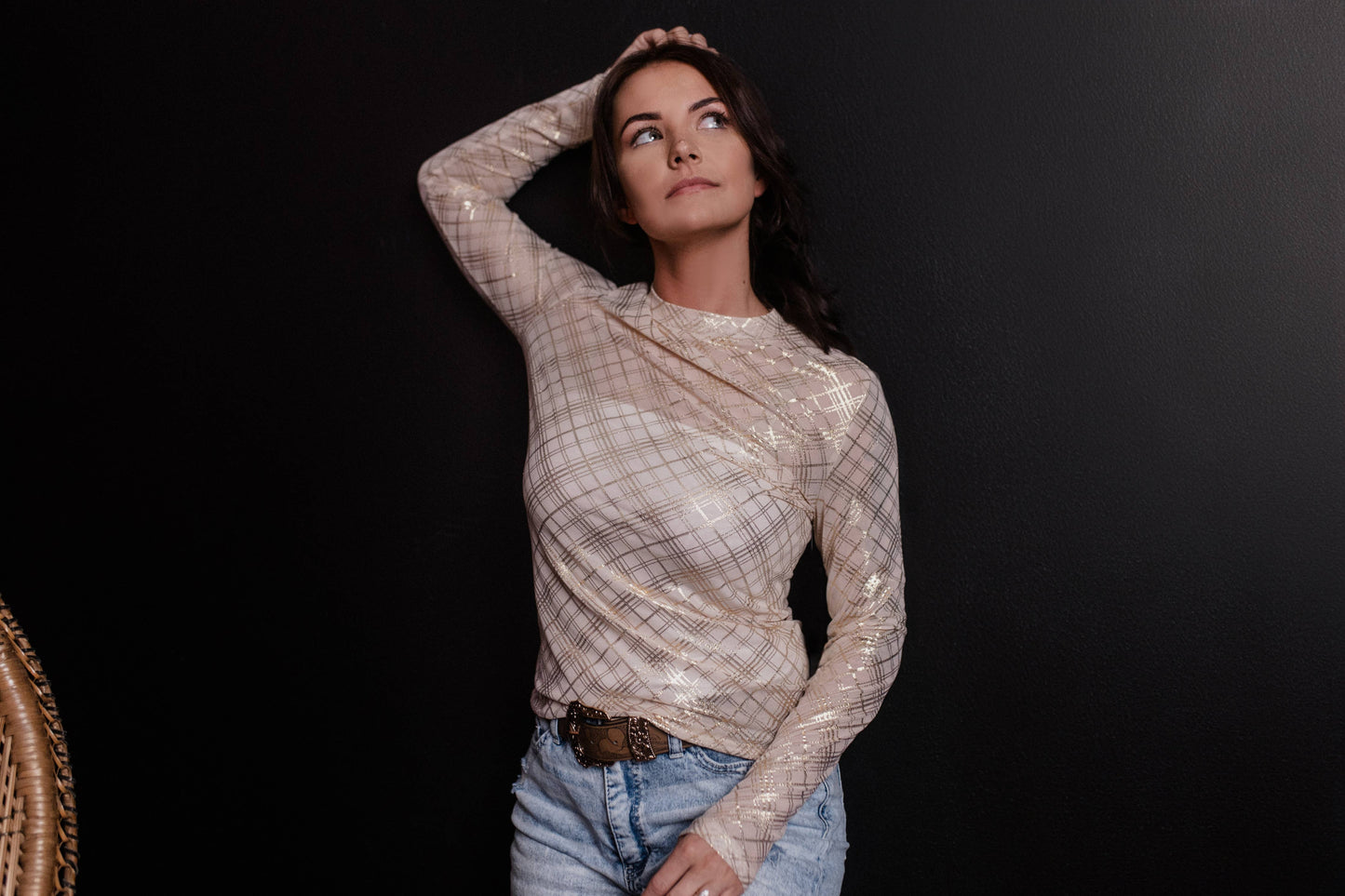 Gold Plaid Gold Foil LS Mesh Top