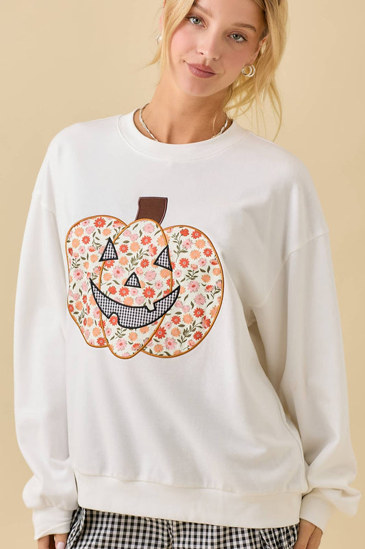 Crewneck With Floral Printed Pumpkin Patchwork