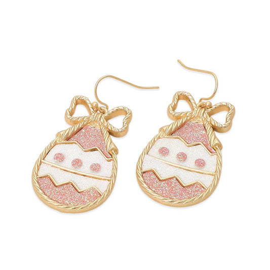 Bow Glitter Easter Egg Dangle Earrings: Pink