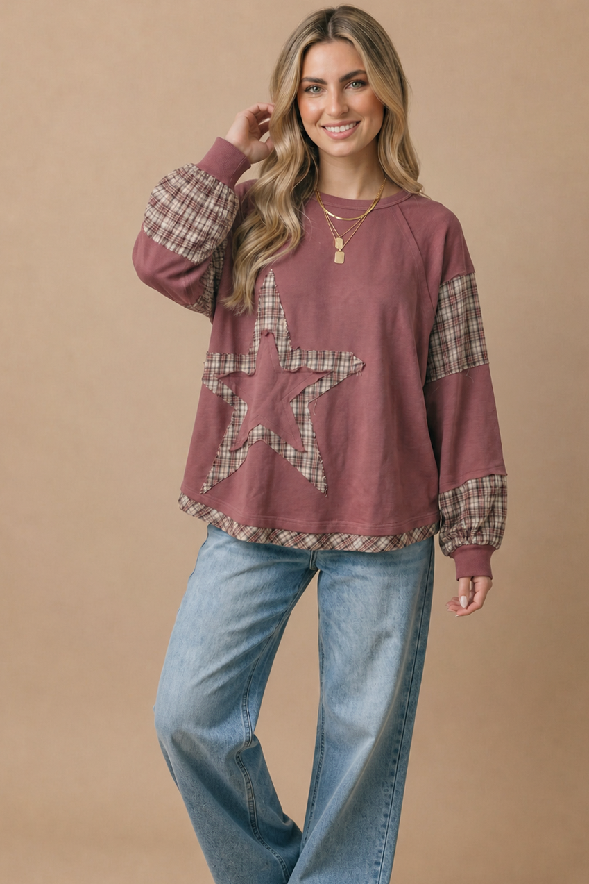 Plaid Contrast Oversized Fit Star Top