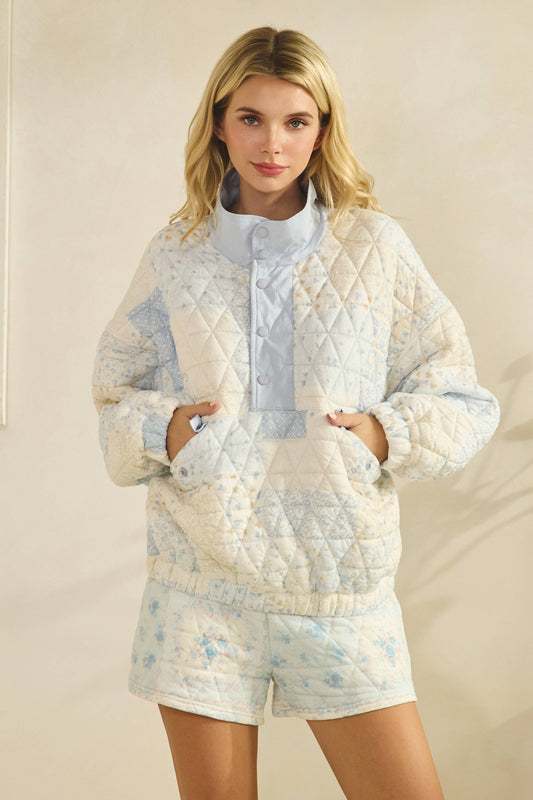 Quilted Contrast printed Quarter Button Sweatshirt