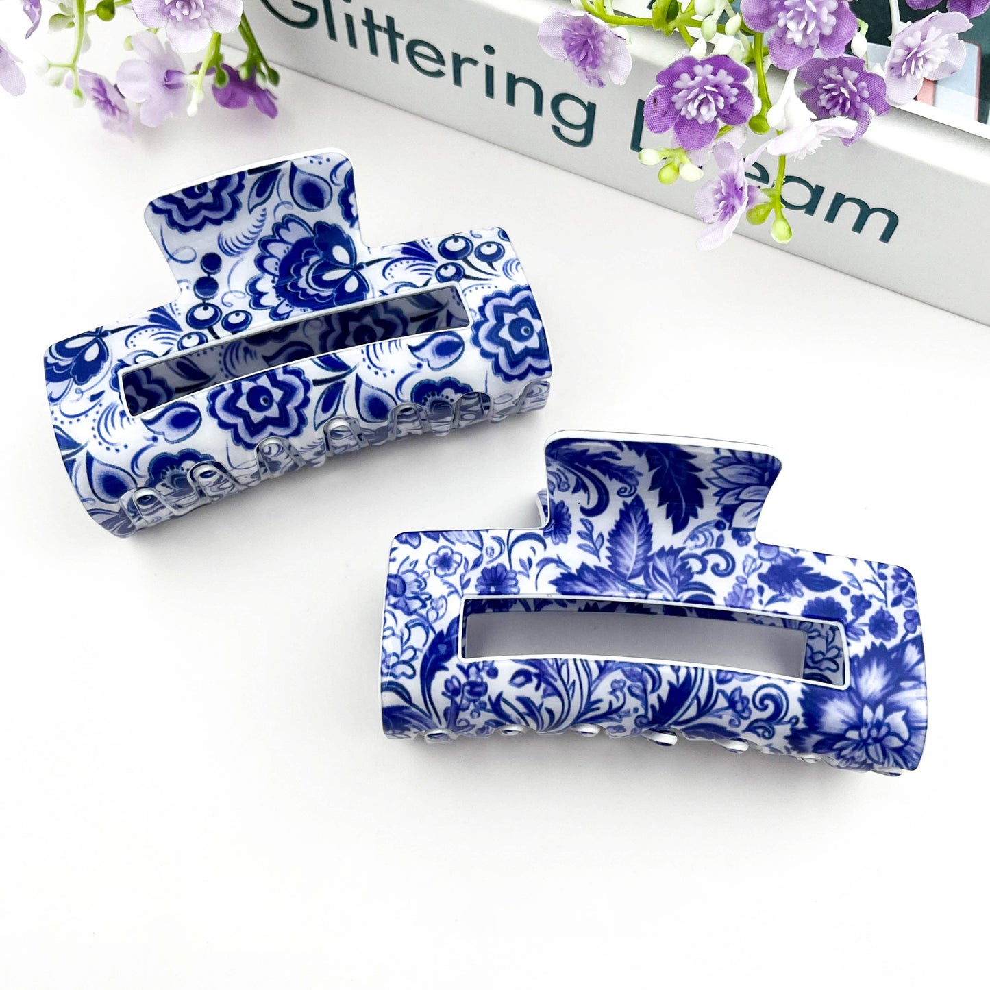 Blue & White Porcelain Pattern Rectangular Hair Claw Clip