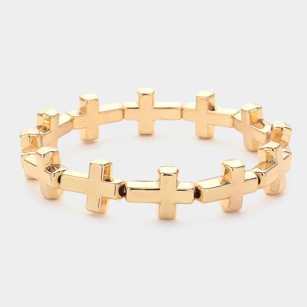 Metal Cross Beaded Stretch Bracelet: Gold