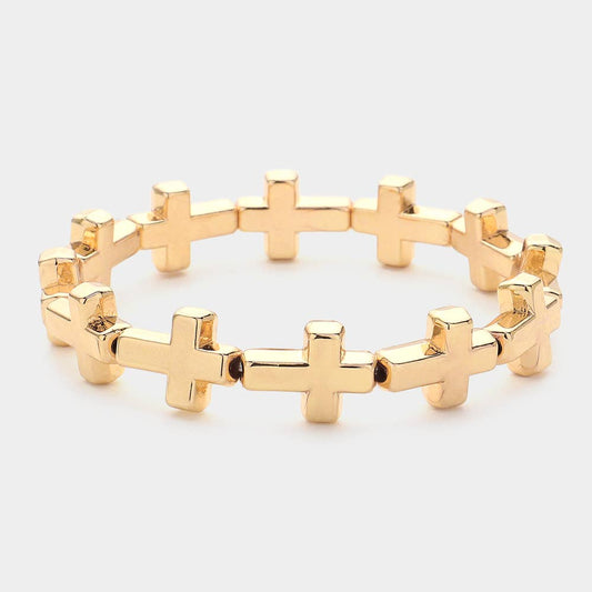 Metal Cross Beaded Stretch Bracelet: Gold