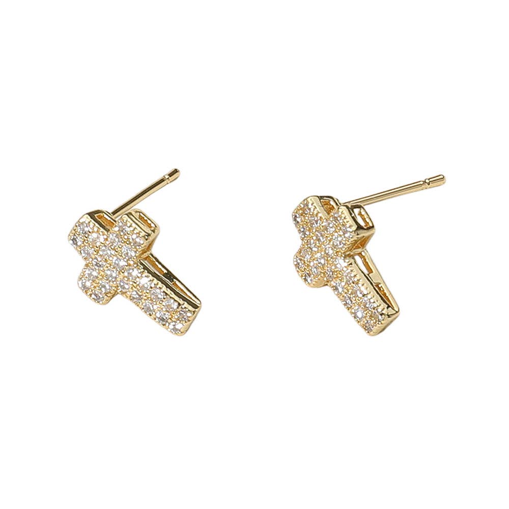 CZ Stone Paved Cross Stud Earrings: Yellow Gold