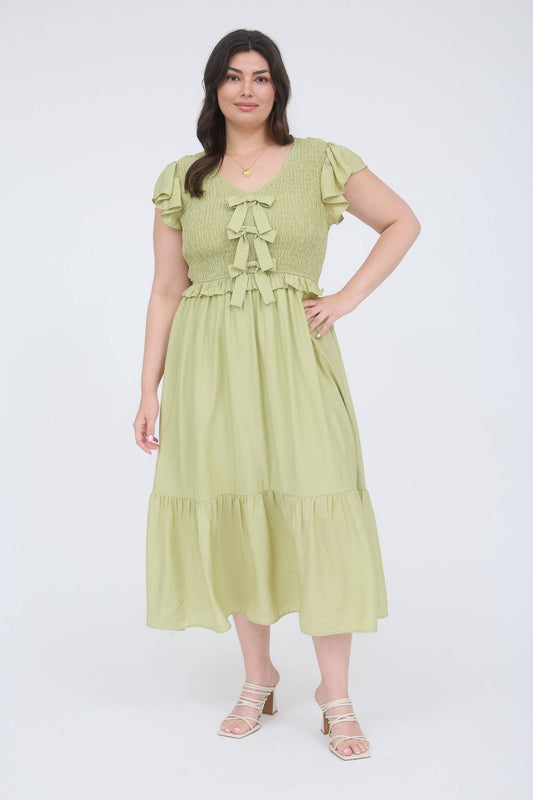 PLUS BOW DETAIL V NECK SMOCKED RUFFLED MIDI DRESS