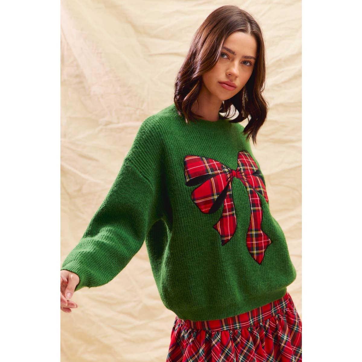 CHECKER PLAID RIBBON CHRISTMAS HOLIDAY SWEATER TOP: GREEN / S