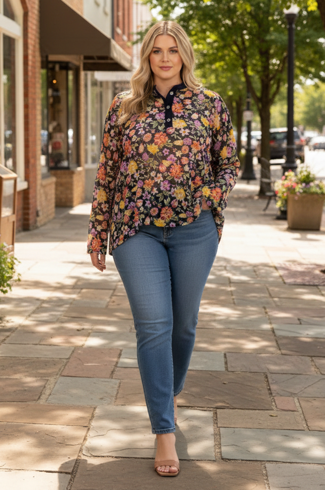 MANDARIN COLLAR FLORAL PRINT PLUS SIZE TOP