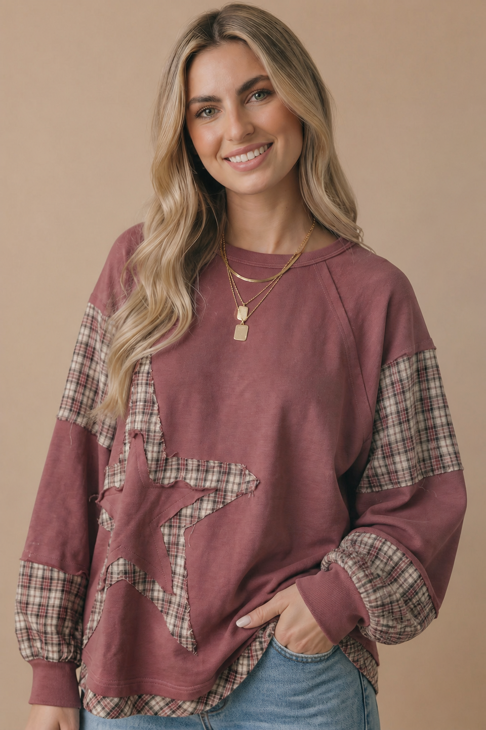 Plaid Contrast Oversized Fit Star Top