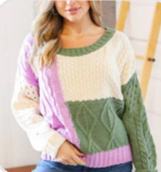 Color Block Cable Knit Sweater