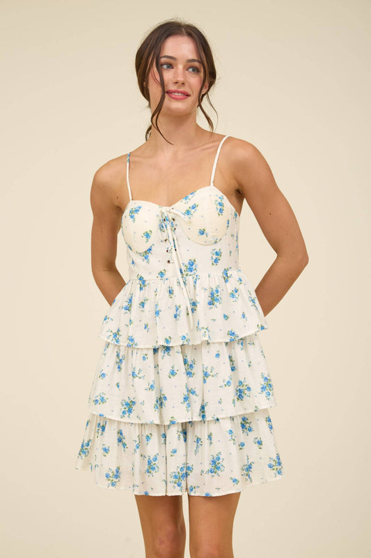 FLORAL FRONT LACE UP RUFFLE TIERED MINI DRESS: BLUE MULTI