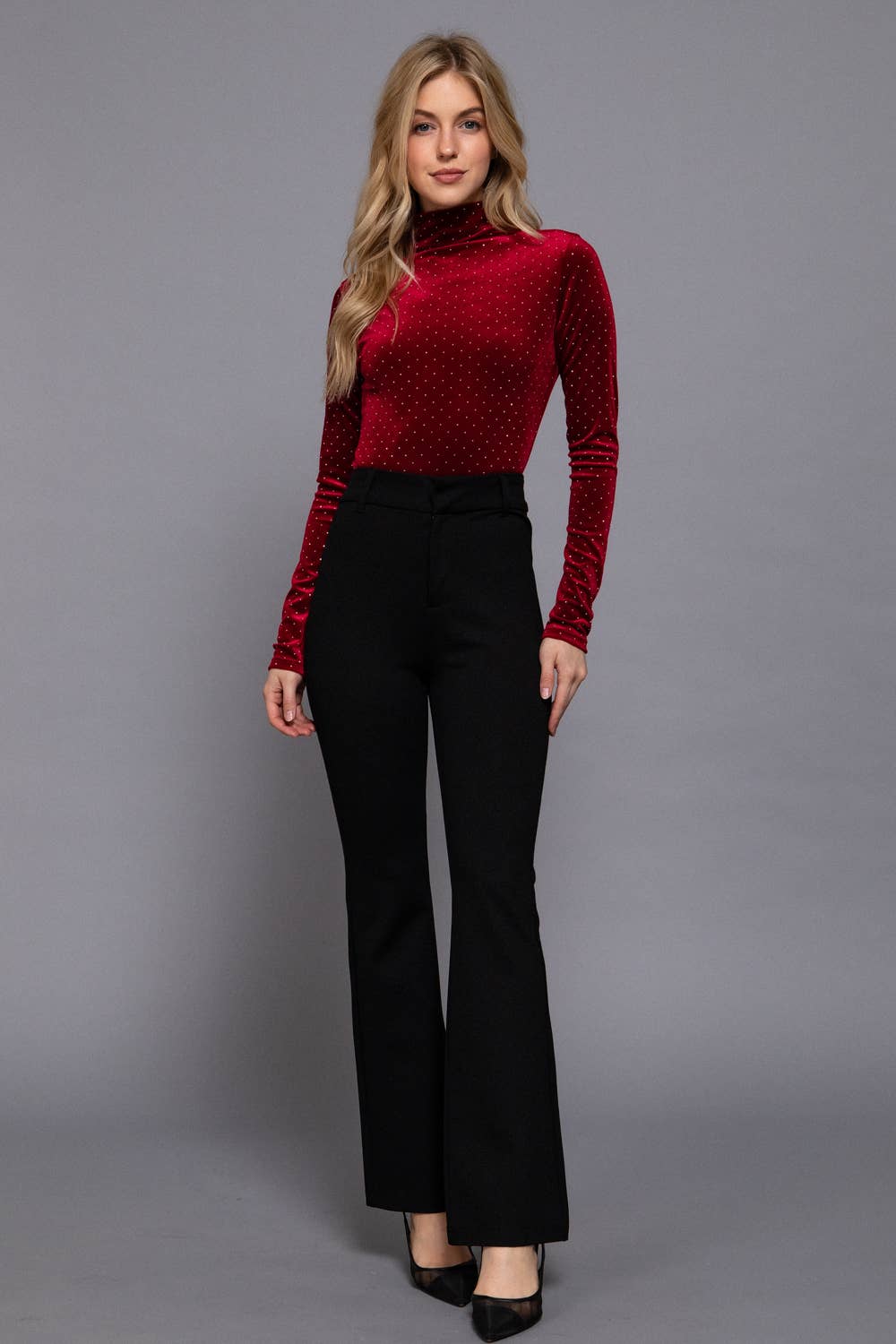 Deep Red High Neck Rhinestone Velvet Bodysuit