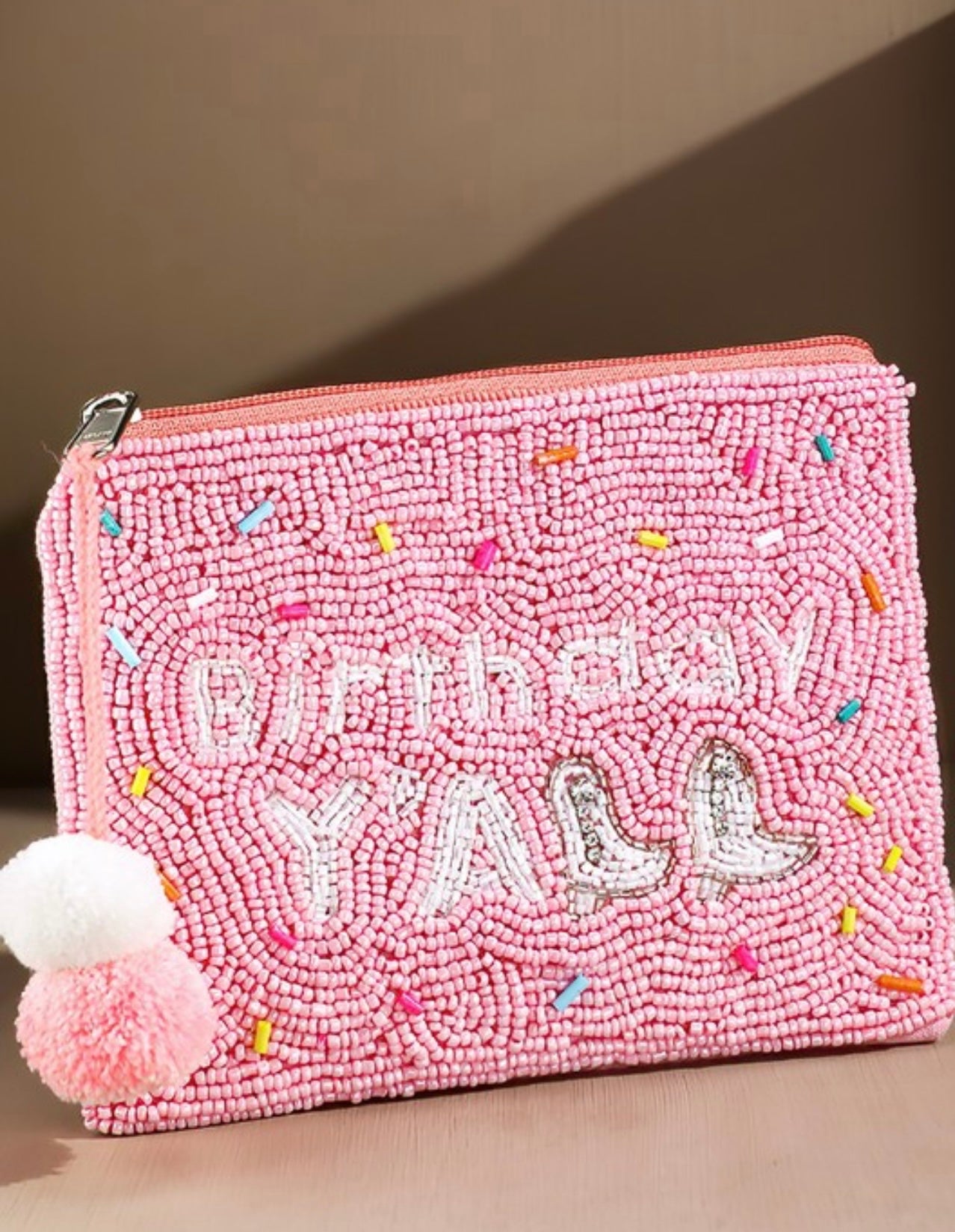 Birthday Yall Seed Bead Coin Bag w Pom Poms