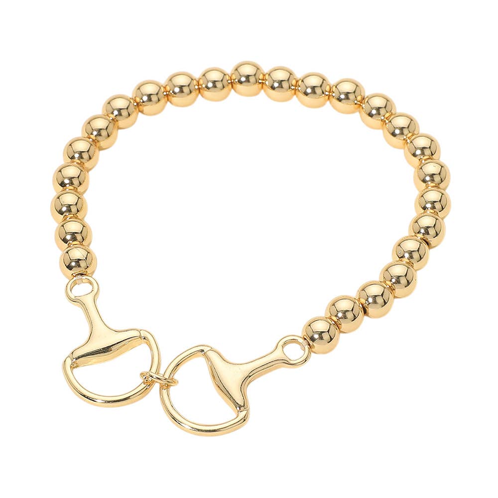 Metal Horsebit Link Accent Ball Beaded Stretch Bracelet: Gold