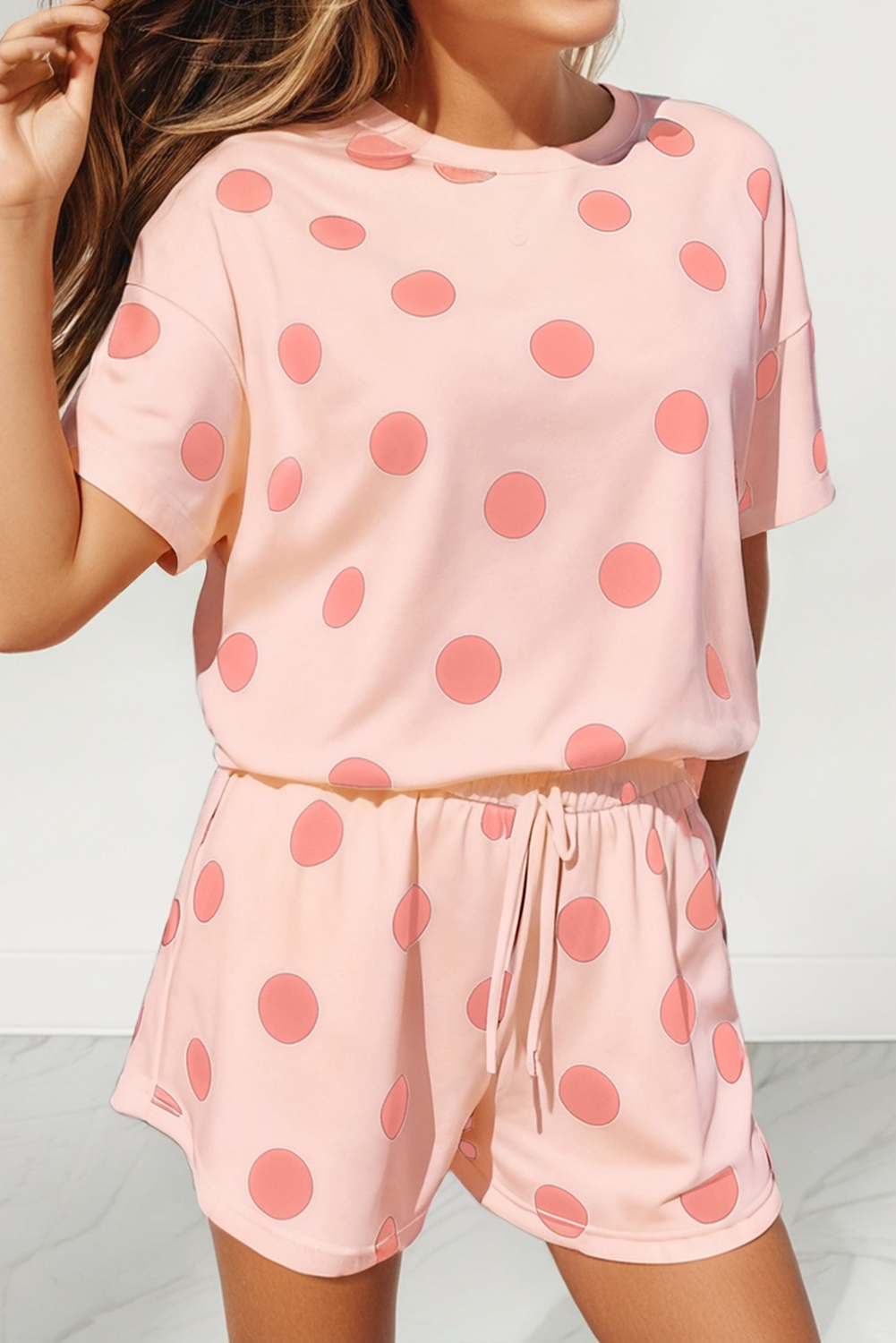 MDB Polka Dot Print Loose Tee Drawstring Short Set