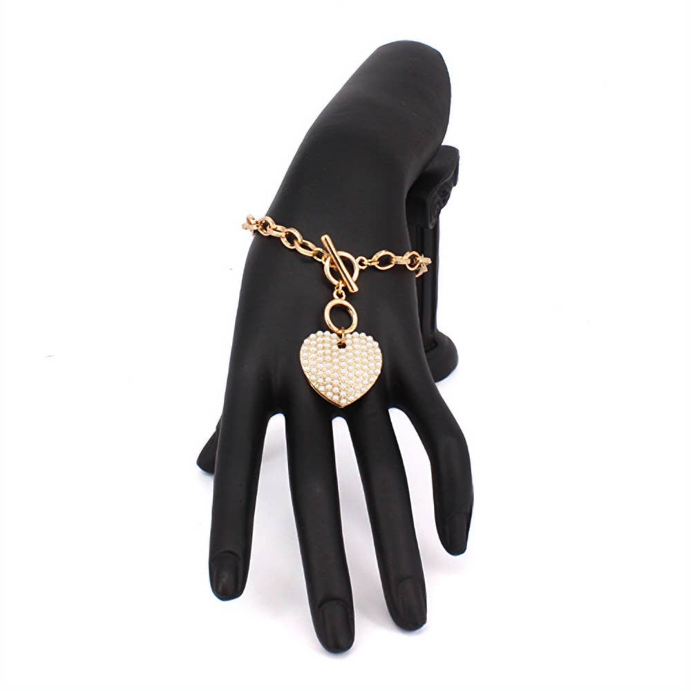 Stone Paved Heart Pendant Metal Toggle Bracelet