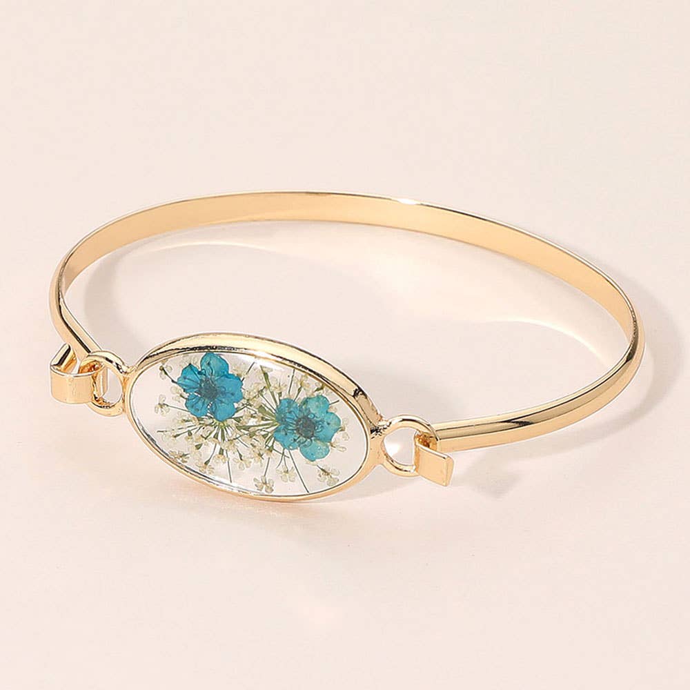 Floral Encased Oval Accent Bangle Bracelet: Gold,White