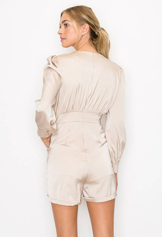 Button Detail Long Sleeve Romper: Champagne