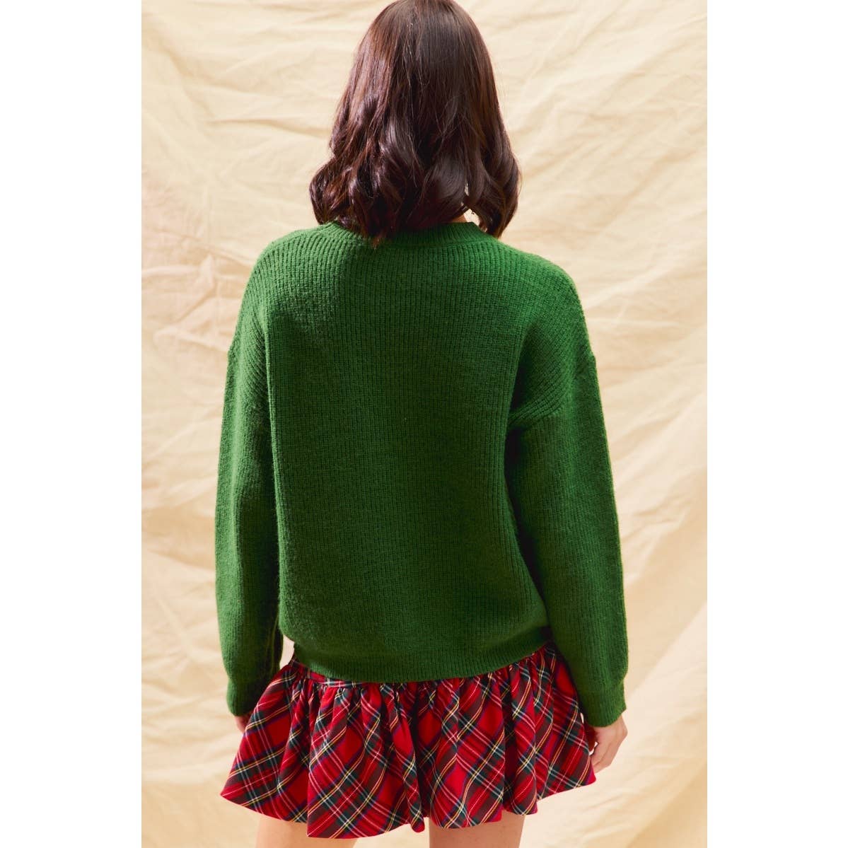 CHECKER PLAID RIBBON CHRISTMAS HOLIDAY SWEATER TOP: GREEN / S