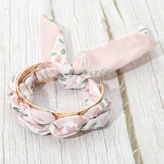 Adjustable Fabric Scarf Knot Wrap Metal Cuff Bracelet: Pink