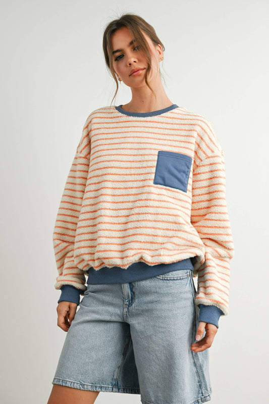 Striped Oversized Crewneck Long Sleeve Sweater CORAL / BLUE