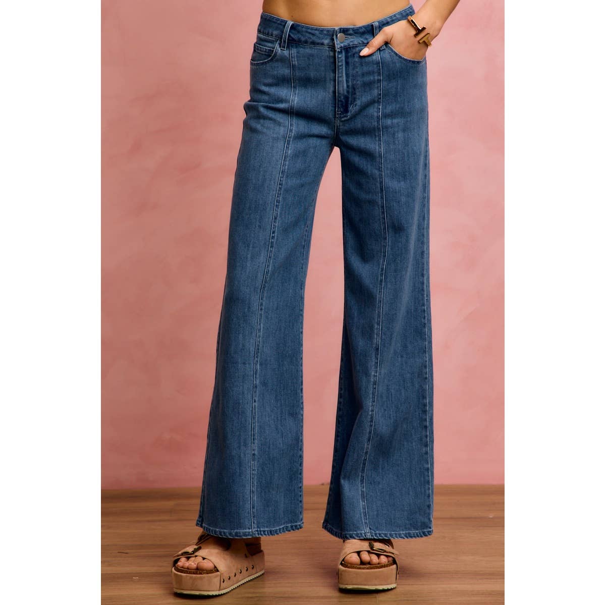 SEAM DETAIL MID RISE STRETCH DENIM JEANS PANTS