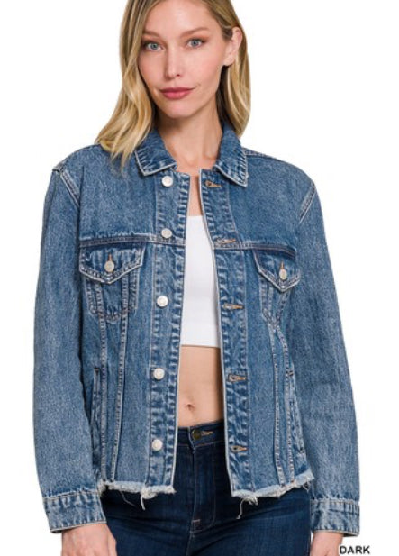 Zenana Frayed Hem Denim Jacket