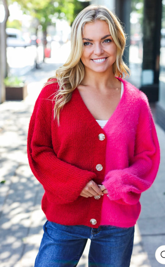Hot Pink and Ruby Split Sweater Cardigan
