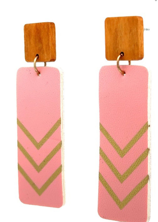 Wood and Leather Pink Chevron Drop Earrings