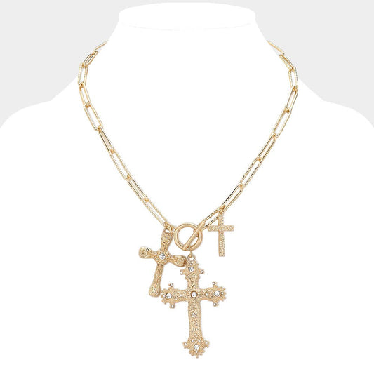 Stone Paved Metal Cross Charms Paperclip Chain Necklace: Gold