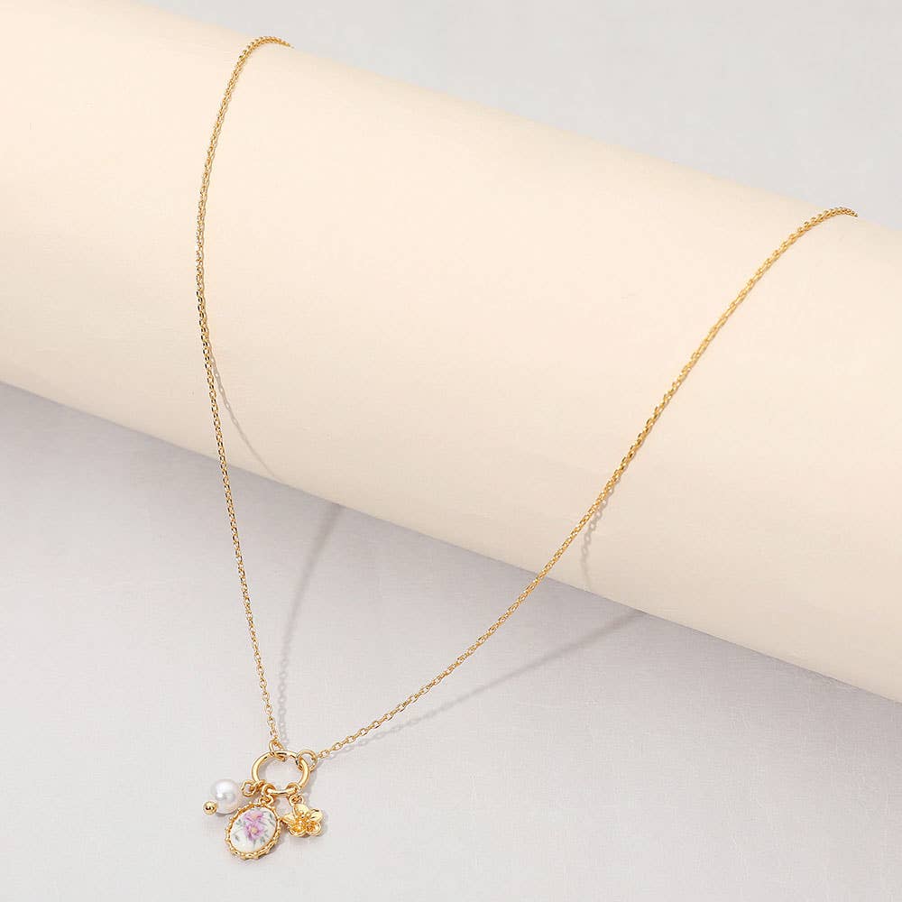 18K Gold Dipped Floral Pearl Charm Pendant Necklace