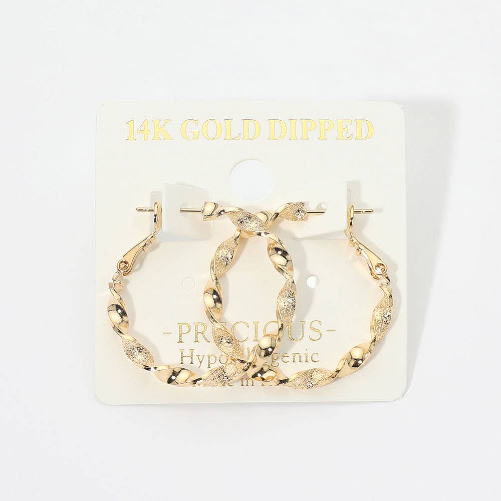 14K Gold Dipped Textured Twisted Hoop Earrings: Gold