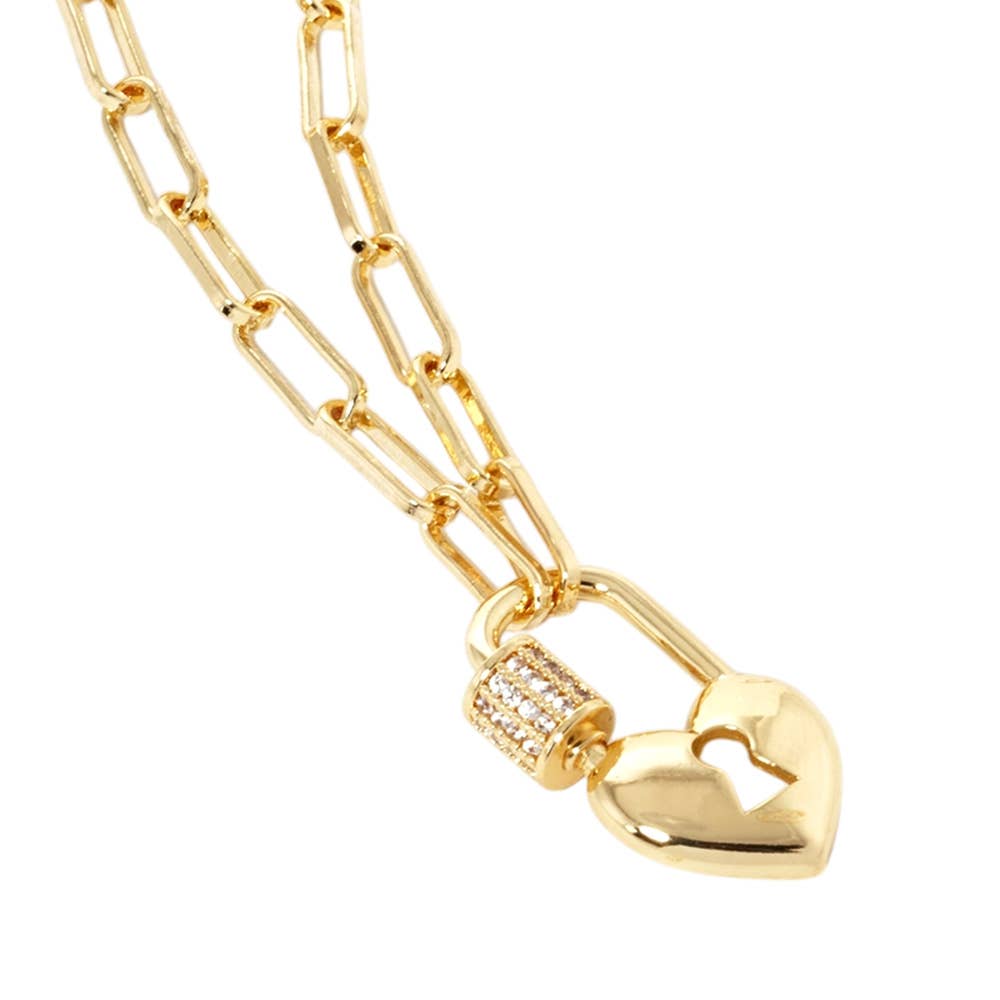 Gold Dipped CZ Paved Heart Lock Pendant Paperclip Necklace: Gold