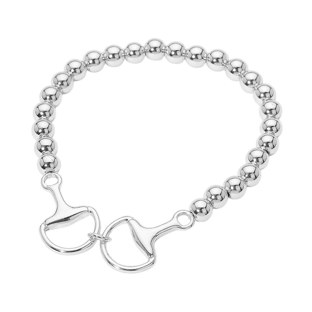 Metal Horsebit Link Accent Ball Beaded Stretch Bracelet: Gold