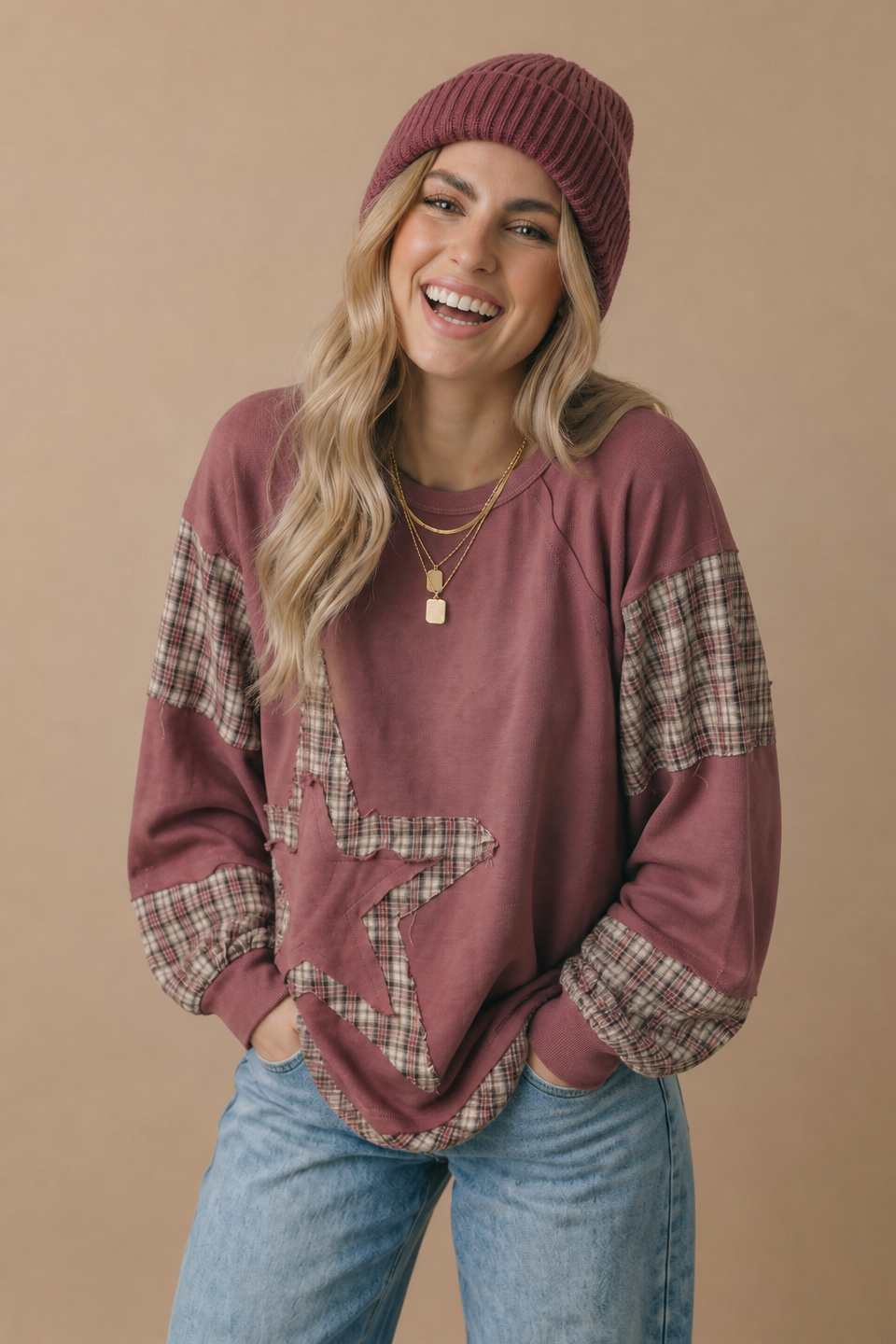 Plaid Contrast Oversized Fit Star Top