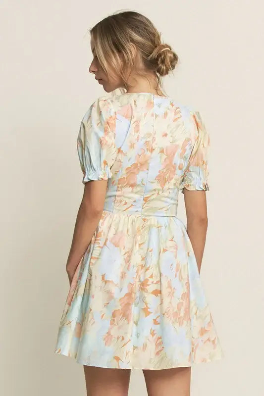 LT. BLUE PUFF SLEEVES SMOCKING WAIST MINI DRESS