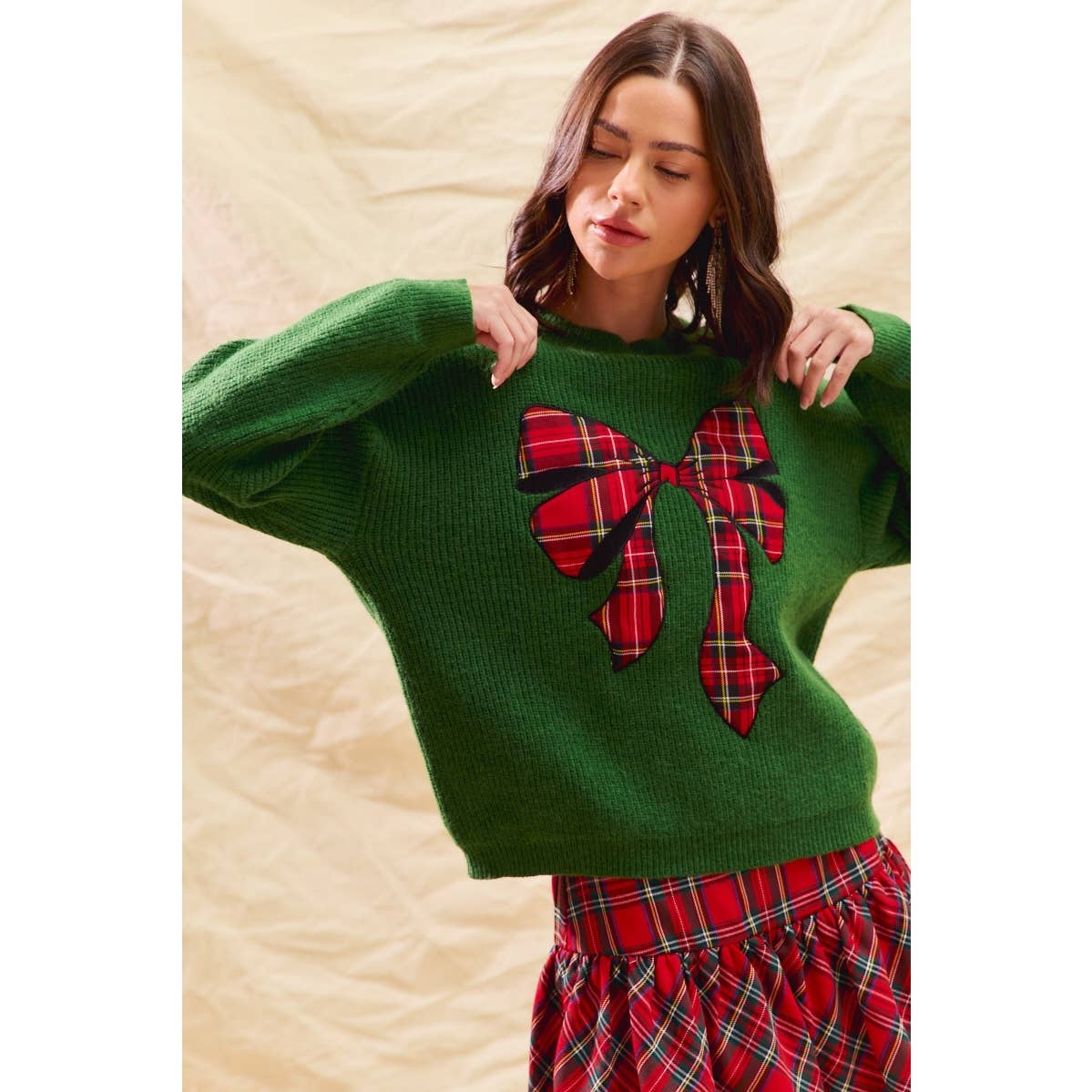 CHECKER PLAID RIBBON CHRISTMAS HOLIDAY SWEATER TOP: GREEN / S