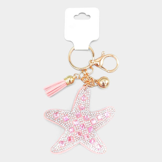 Bling Starfish Tassel Keychain: Pink