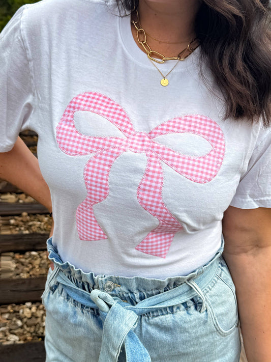 Bow Gingham Floral Embroidered Patch Tee