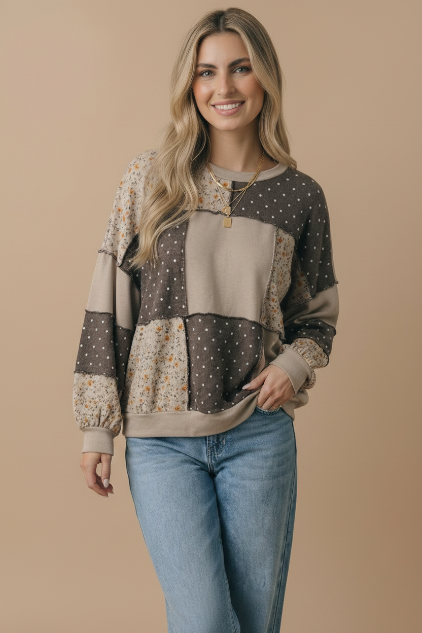 Round Neck Mixed Print Patchwork Pullover: GREY/CHARCOAL / S