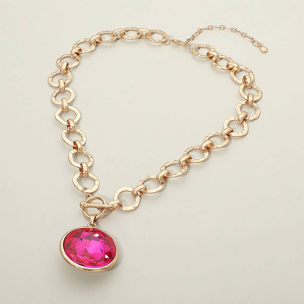 Bold Oval Gemstone Pendant Brushed Metal Chunky Chain Toggle Necklace: Green
