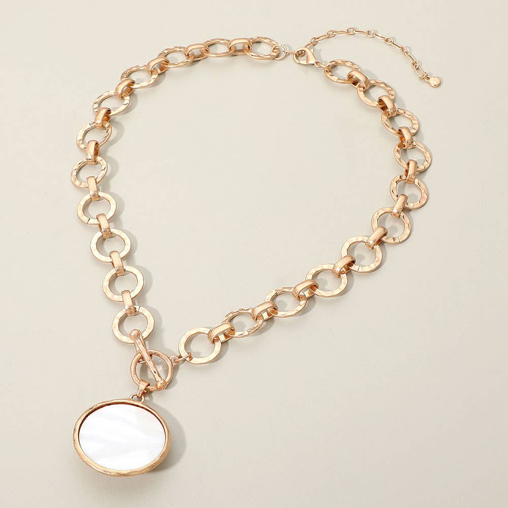 Bold Oval Gemstone Pendant Brushed Metal Chunky Chain Toggle Necklace: Green