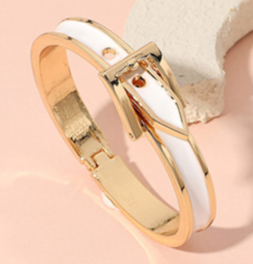 Gold Plated Enamel Belt Hinged Bangle Bracelet