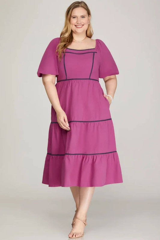 PLUS SQUARE NECKLINE AND CHARMING PUFF SLEEVES: MAGENTA