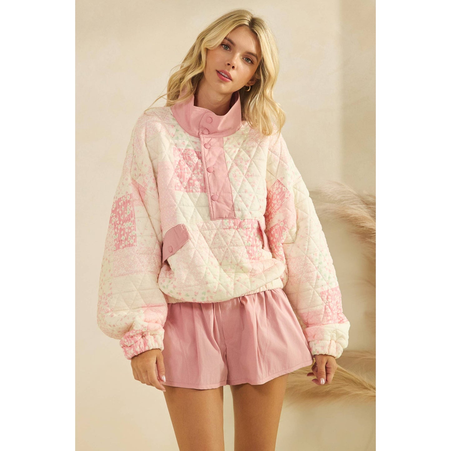 Quilted Contrast printed Quarter Button Sweatshirt