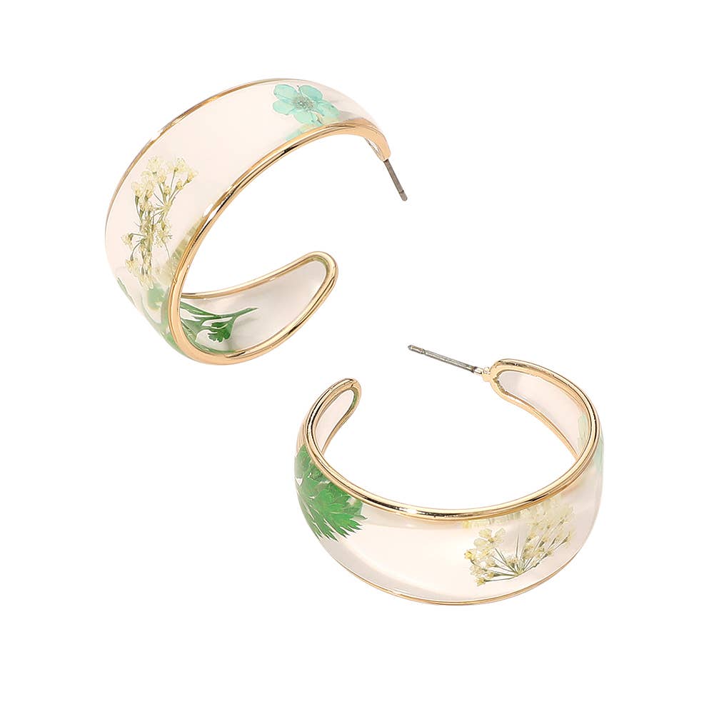 Botanical Floral Encased Hoop Earrings: Gold,Pink