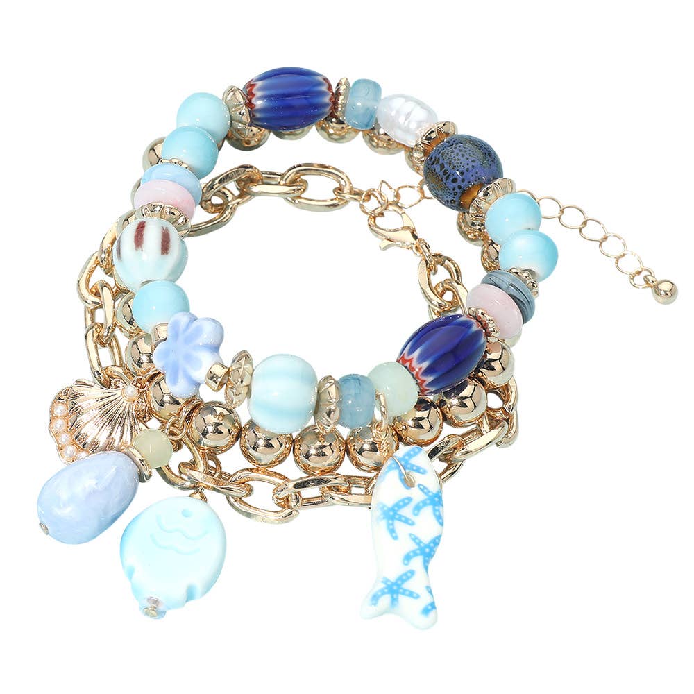 3PCS - Ceramic Fish Ocean Pearl Charm Beaded Multi Layered Bracelets: Blue Gold