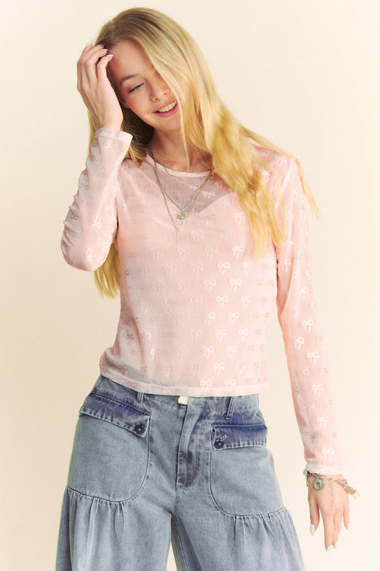 BOW EMBROIDERED LONG SLEEVE MESH TOP
