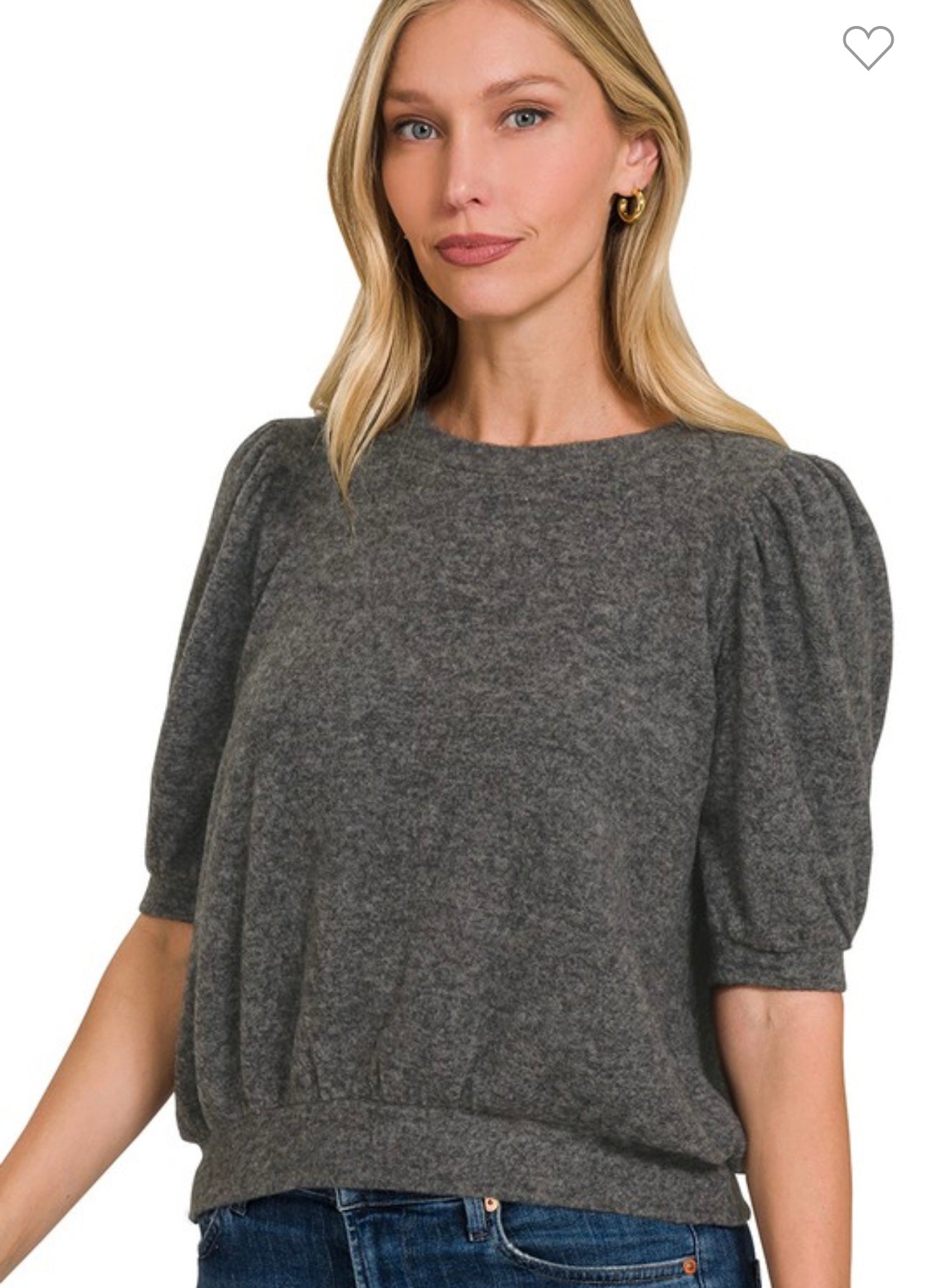 Brushed Melange Hacci Puff Short Sleeve Sweater